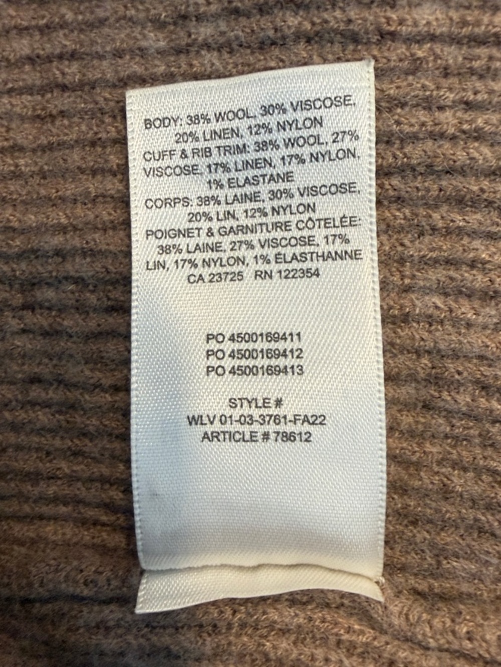 Aritzia Babaton Brown Wool/Linen Blend Ribbed Balloon Sleeve Sweater EUC - Picture 12 of 12